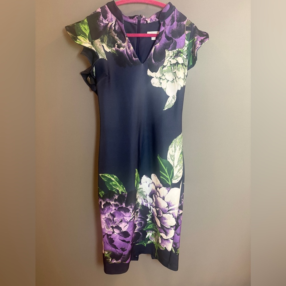 New York & Company Navy Midi Dress with Purple Floral Print